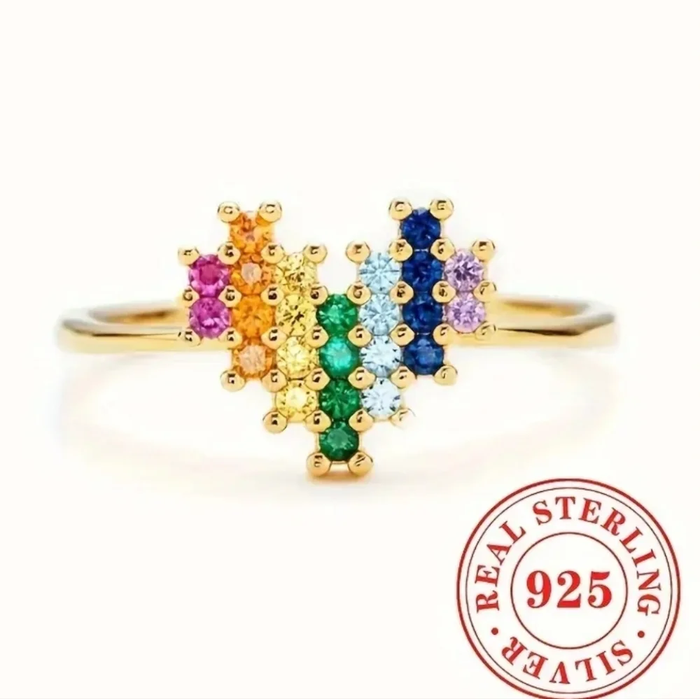925 Colorful Heart Sterling Silver Ring Sz 7